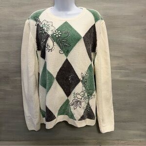 Alfred Dunner Beaded Embroidered Floral Argyle Chenille Crewneck Sweater XL LN